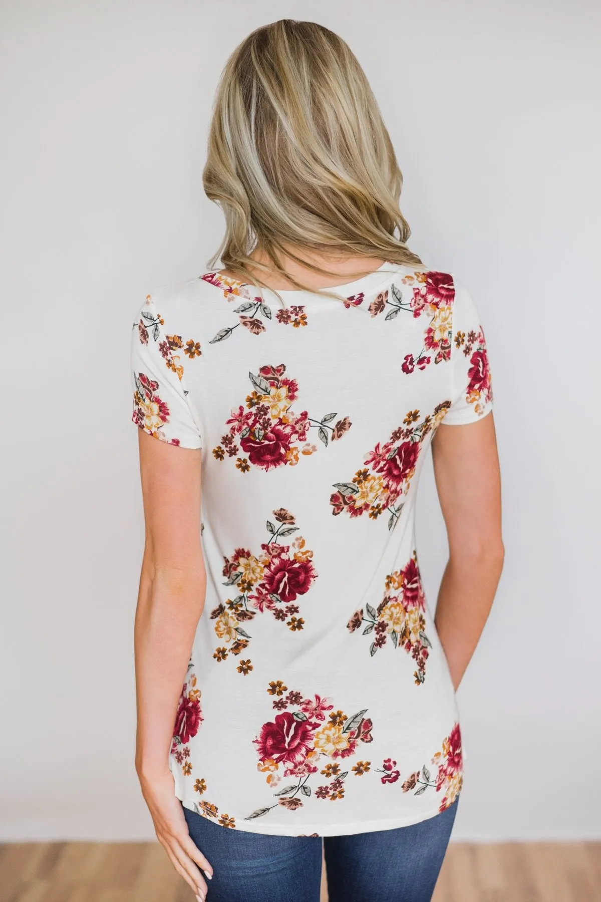 Ivory and Burgundy Floral Glam Pocket Top