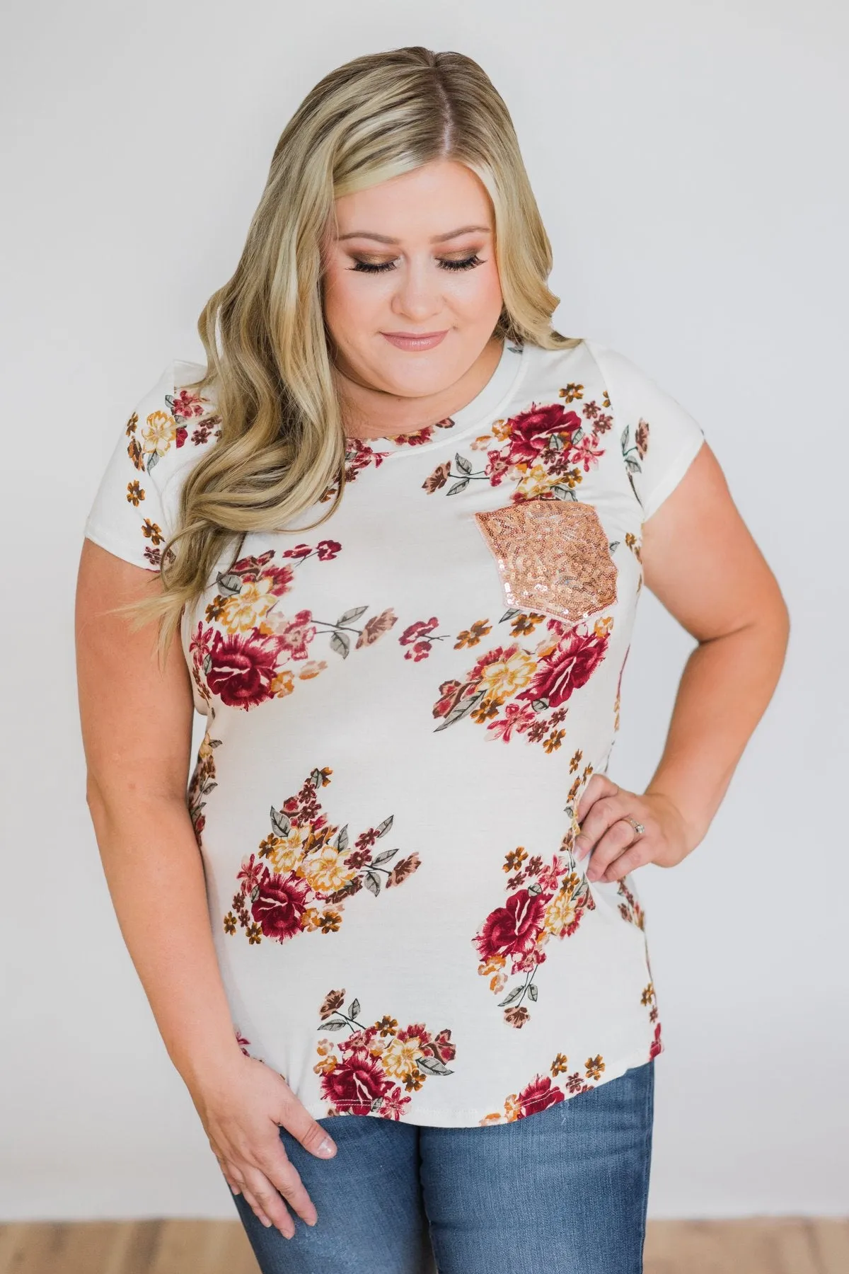 Ivory and Burgundy Floral Glam Pocket Top