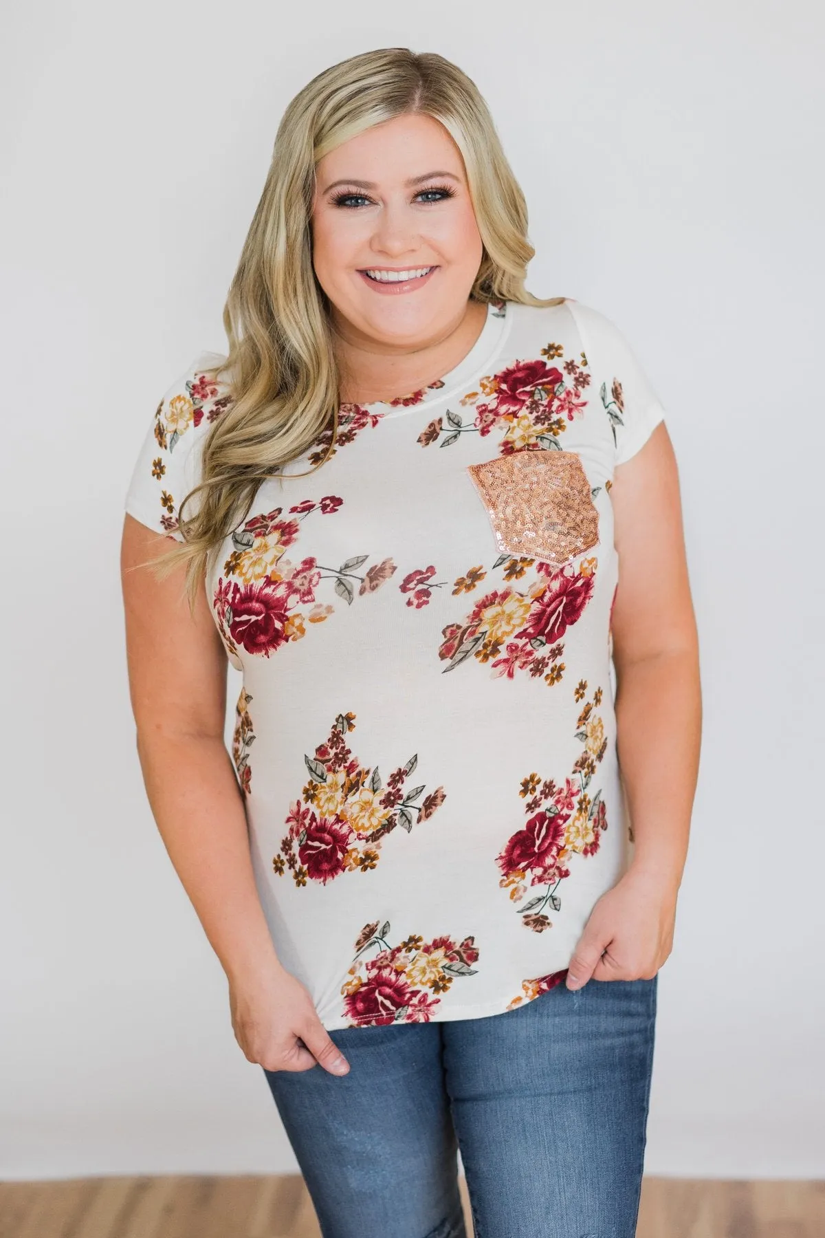 Ivory and Burgundy Floral Glam Pocket Top