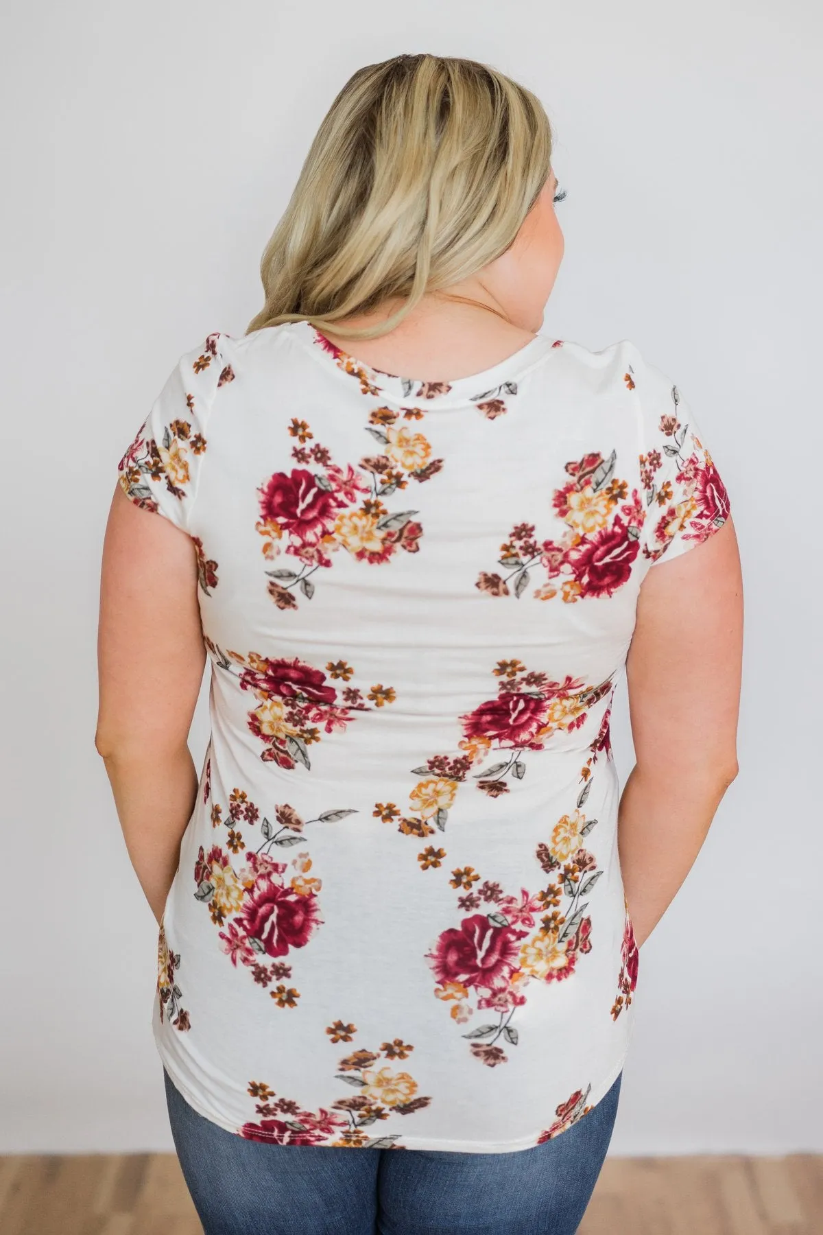 Ivory and Burgundy Floral Glam Pocket Top