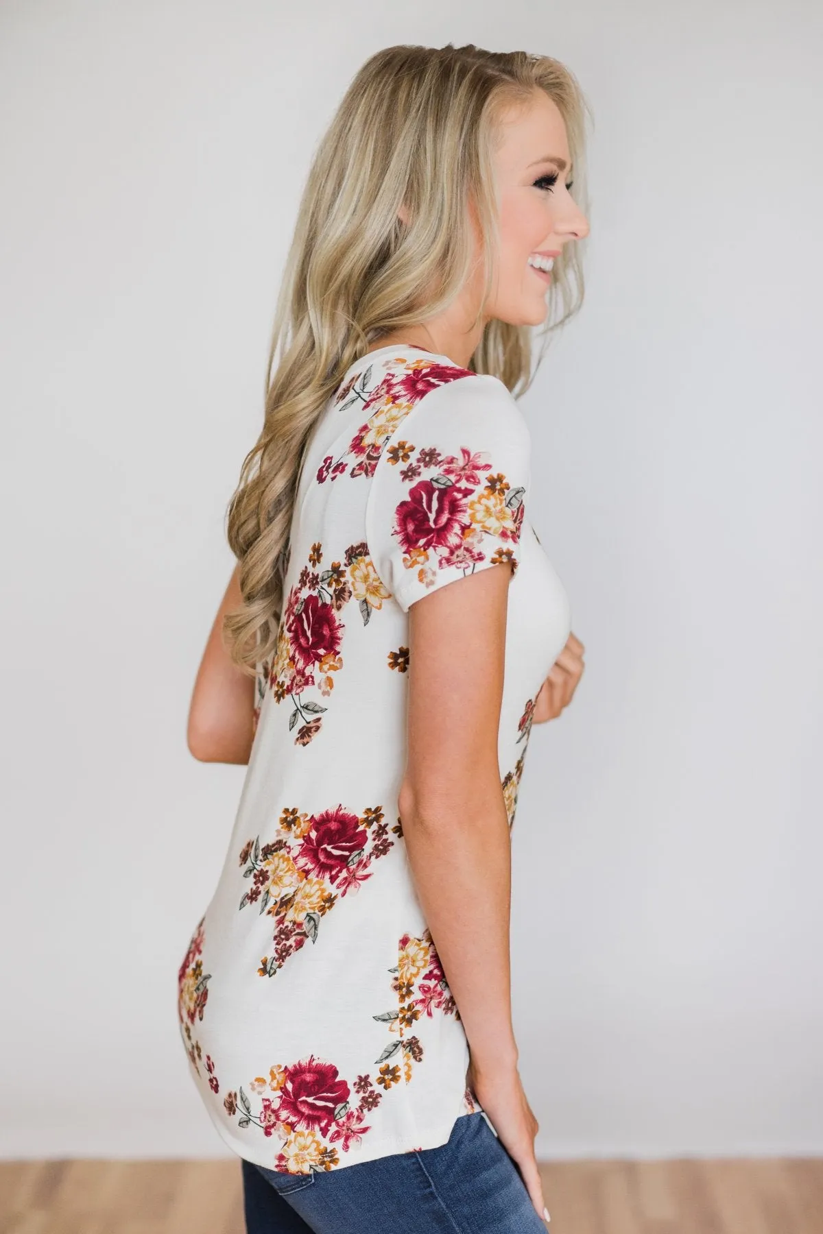 Ivory and Burgundy Floral Glam Pocket Top