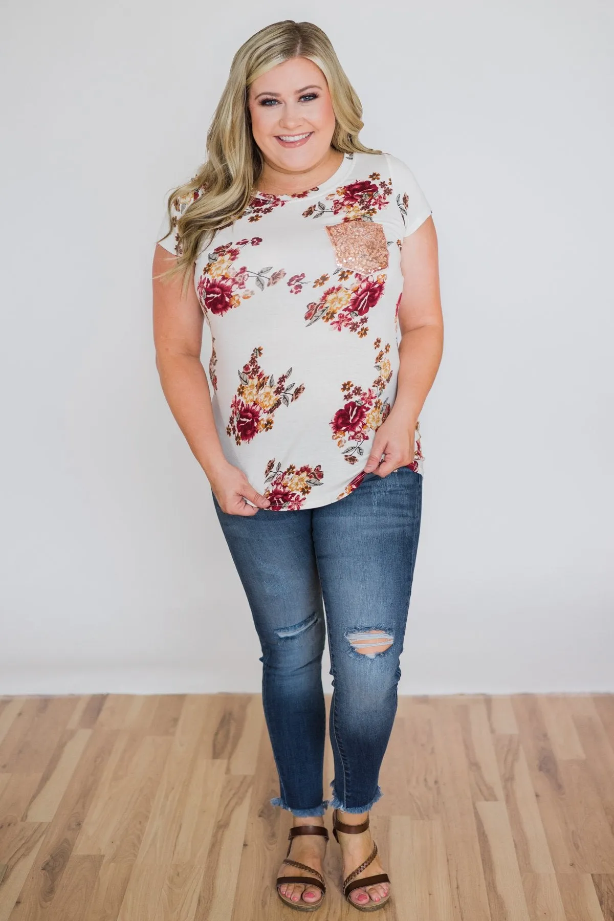 Ivory and Burgundy Floral Glam Pocket Top