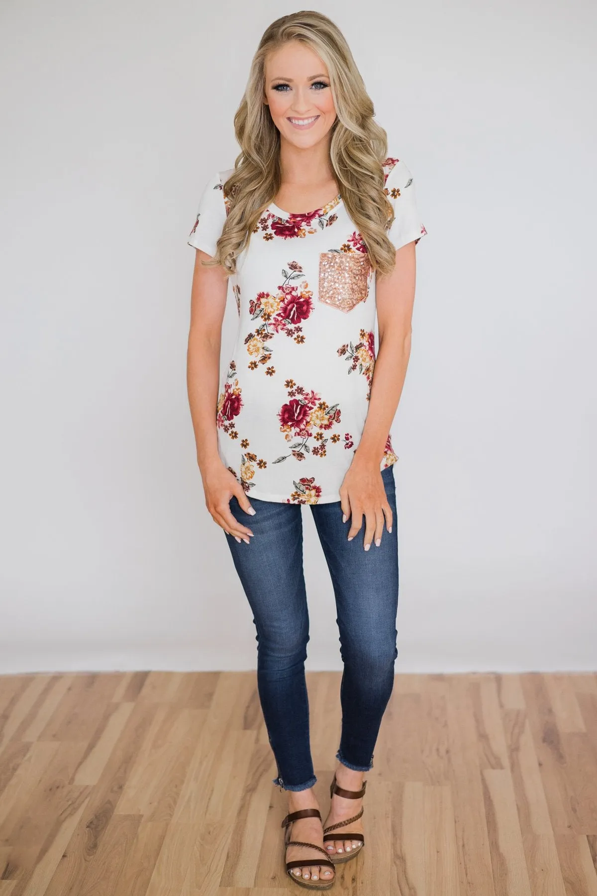 Ivory and Burgundy Floral Glam Pocket Top