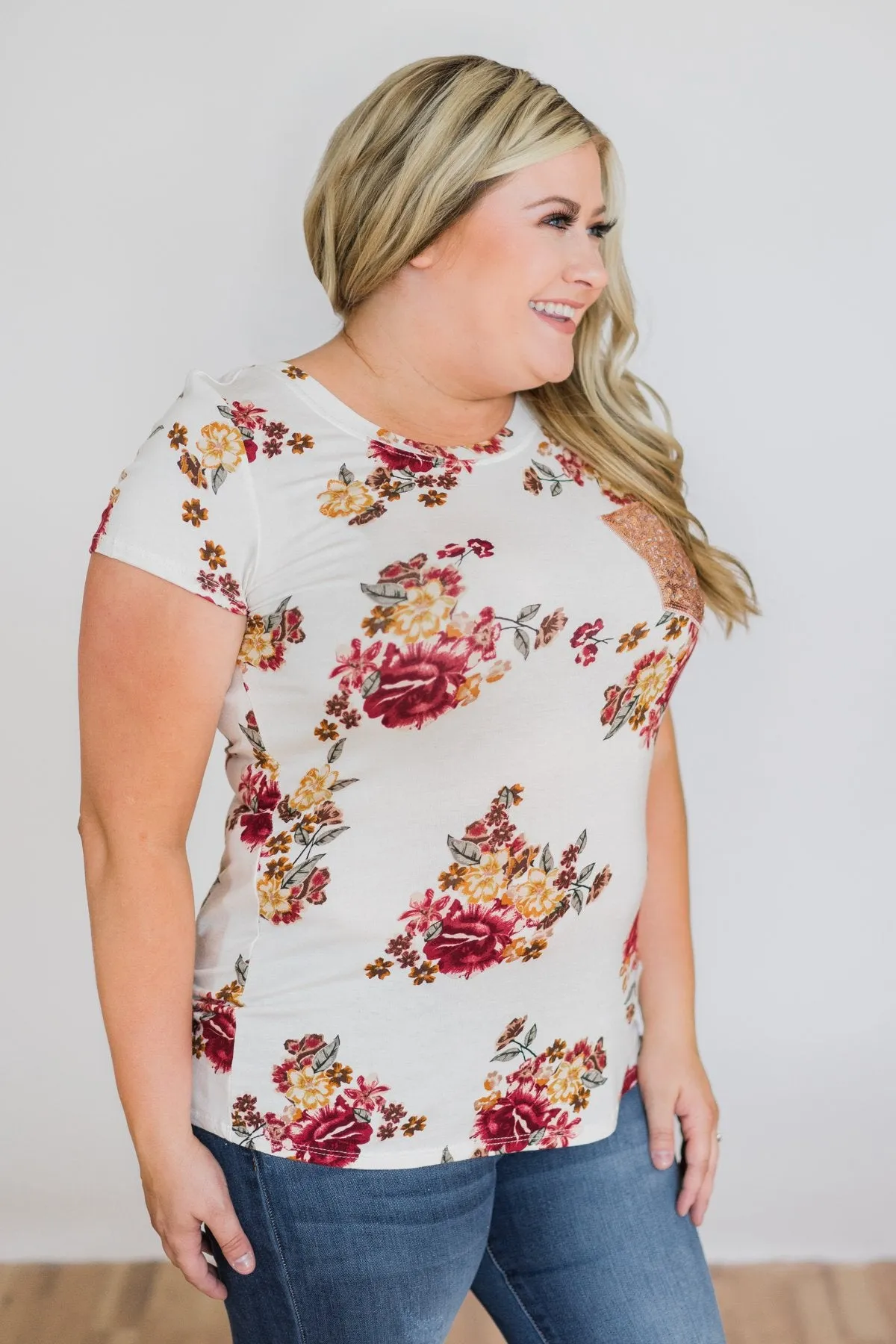 Ivory and Burgundy Floral Glam Pocket Top