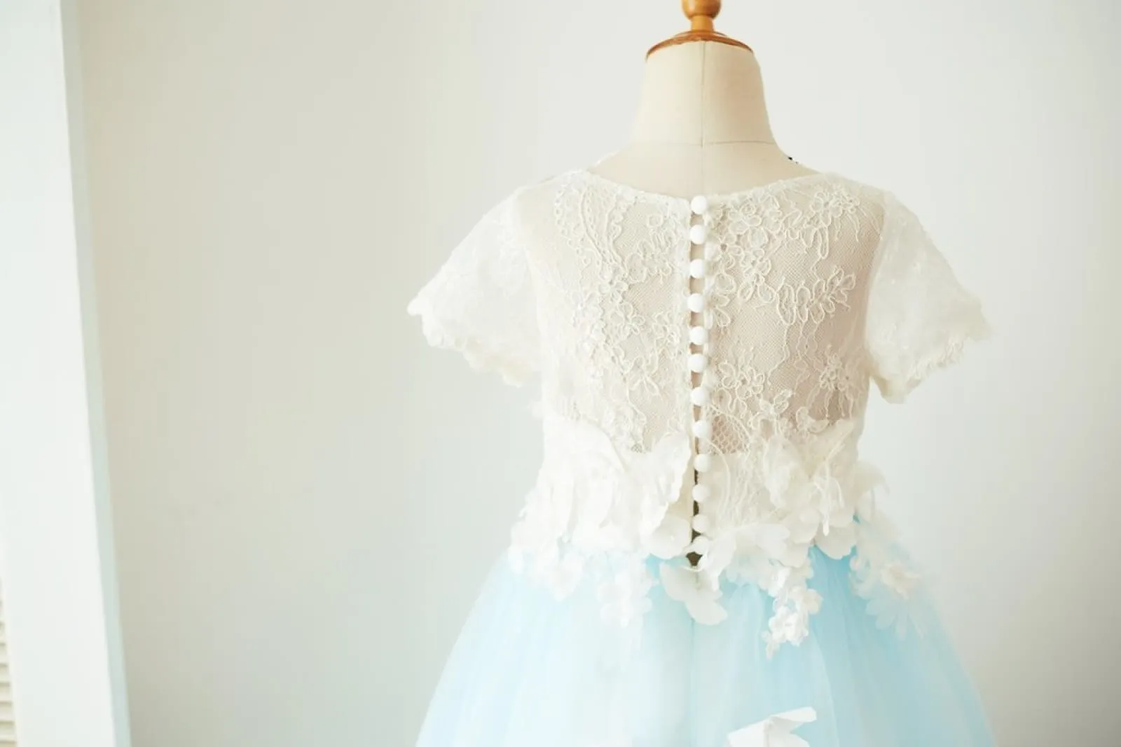Ivory Lace Blue Tulle Short Sleeves Wedding Flower Girl Dress, Butterfly