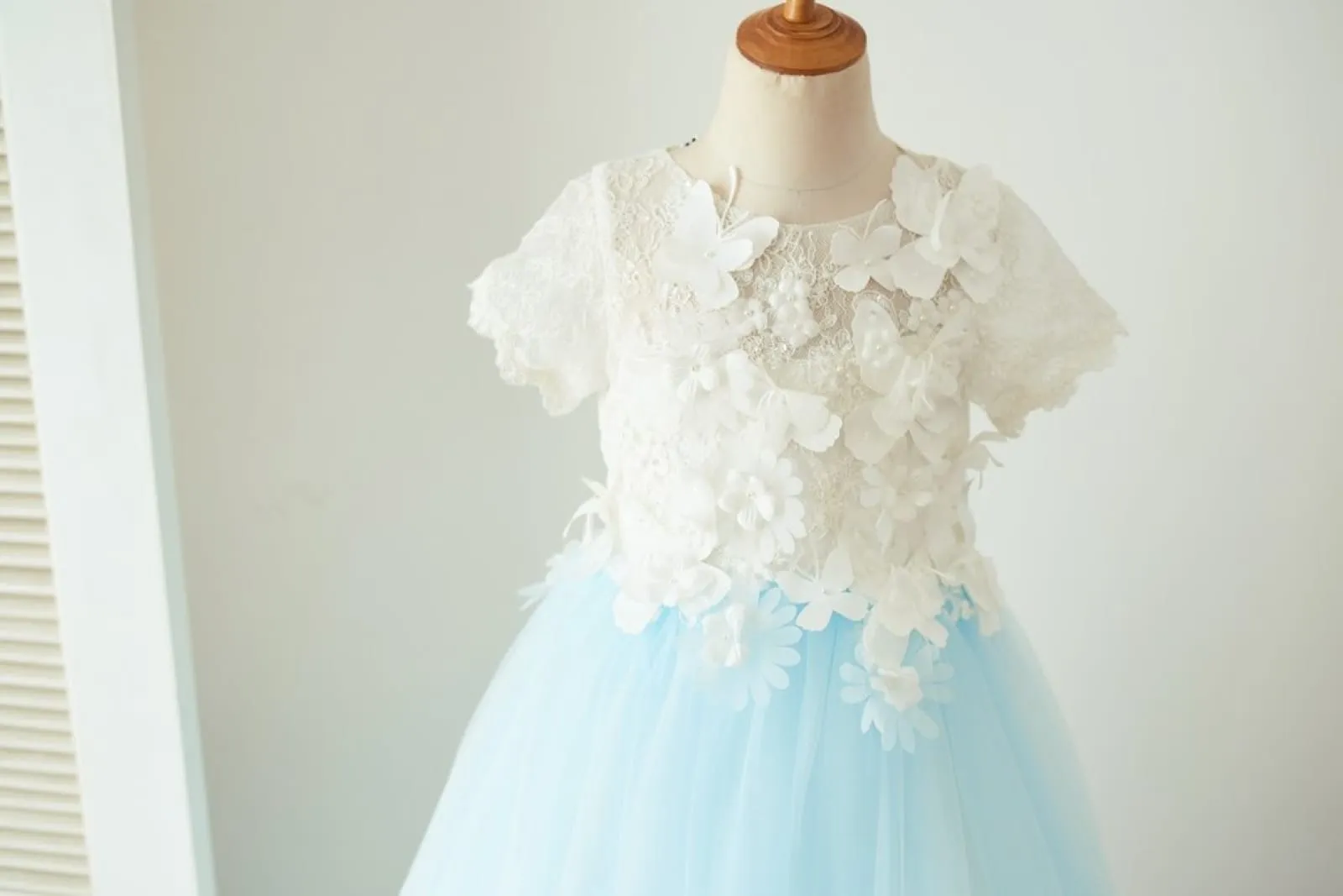 Ivory Lace Blue Tulle Short Sleeves Wedding Flower Girl Dress, Butterfly