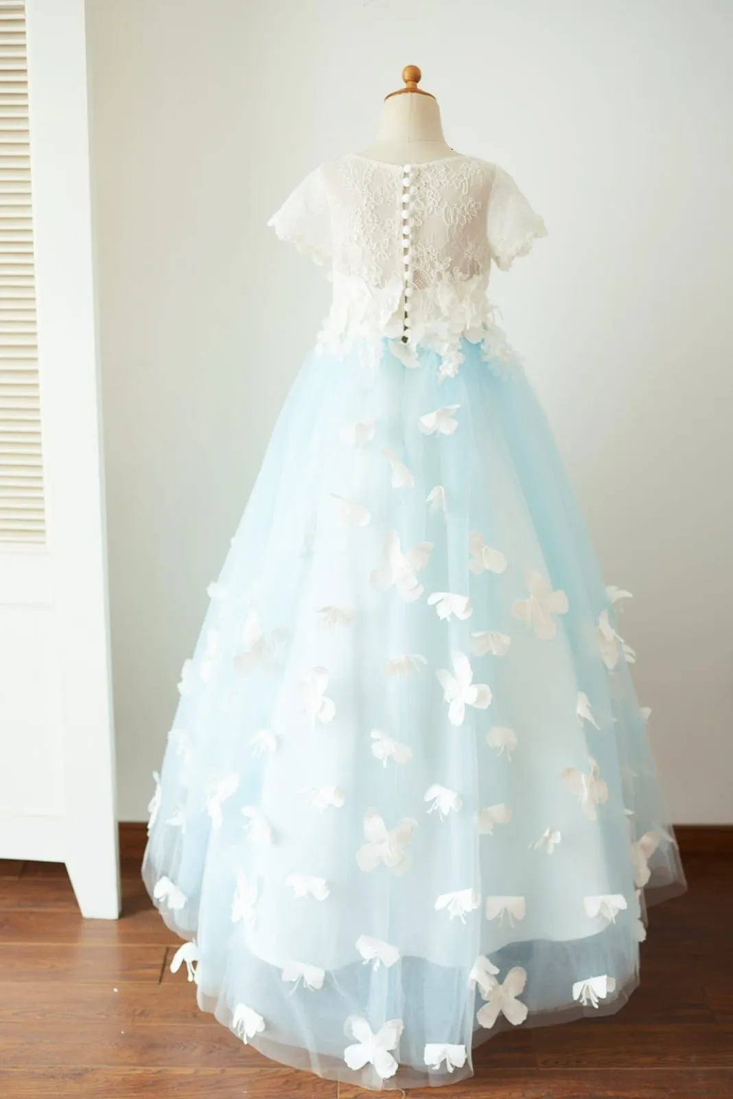 Ivory Lace Blue Tulle Short Sleeves Wedding Flower Girl Dress, Butterfly