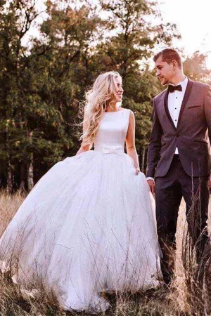 Ivory Tulle A-line Modest Backless Wedding Dresses, Simple Wedding Gown, MW861