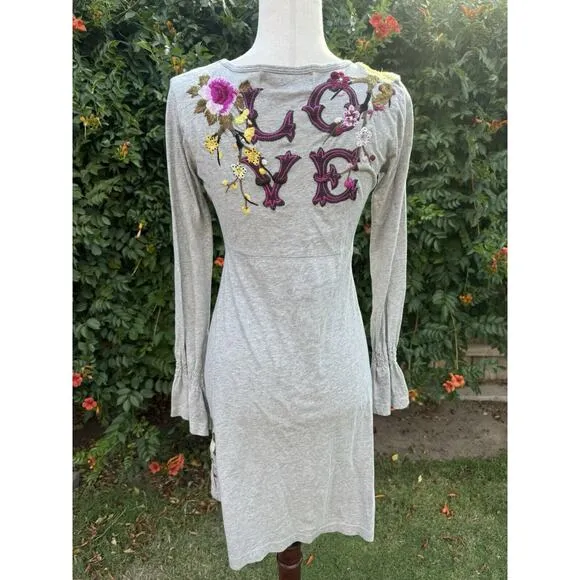 Johnny Was JWLA Embroidered‎ Love Dress Gray knit Small Floral Long Sleeve Boho