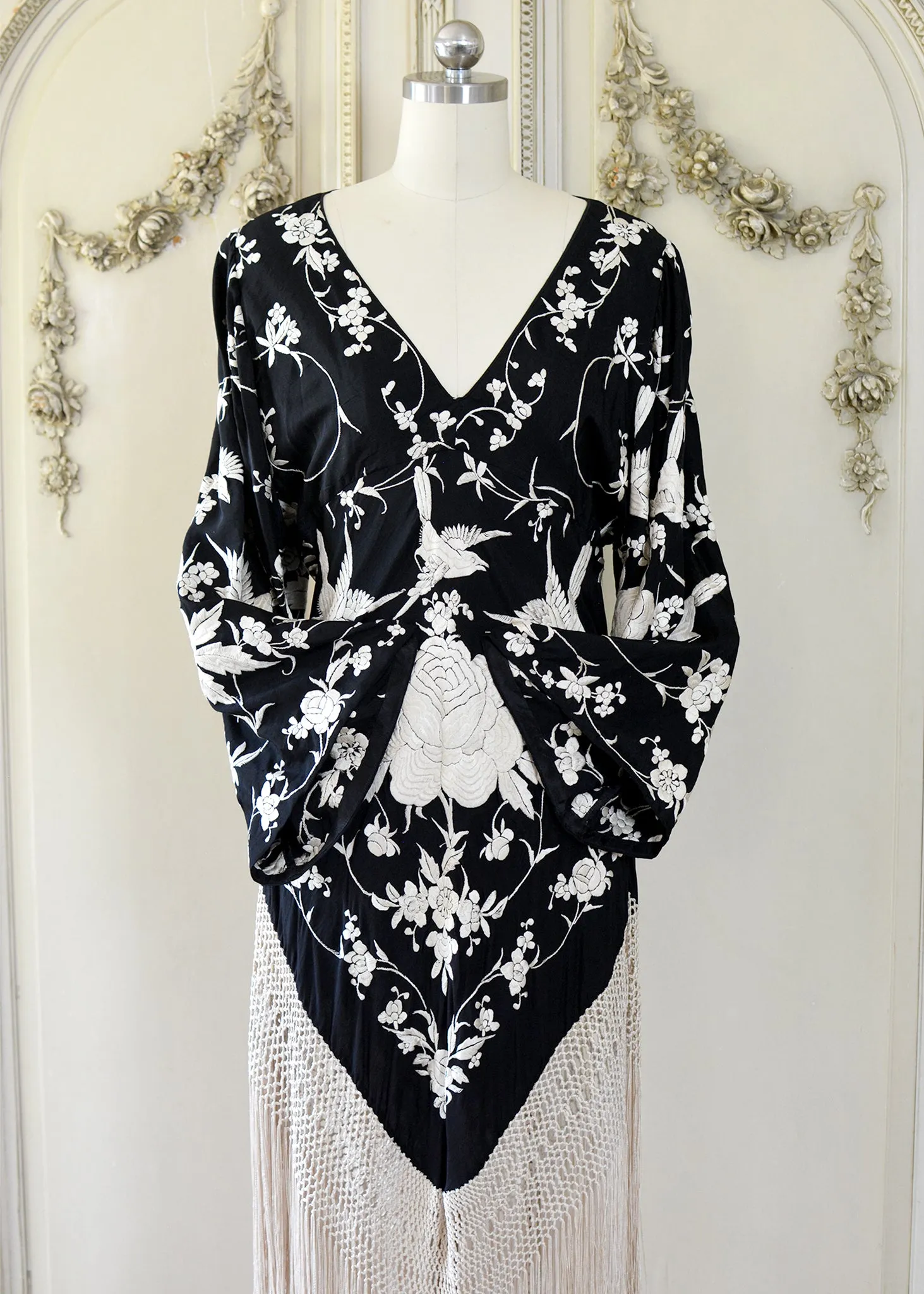 Kara Antique Hand Embroidered Black & Creme Silk Crepe Empire Dress