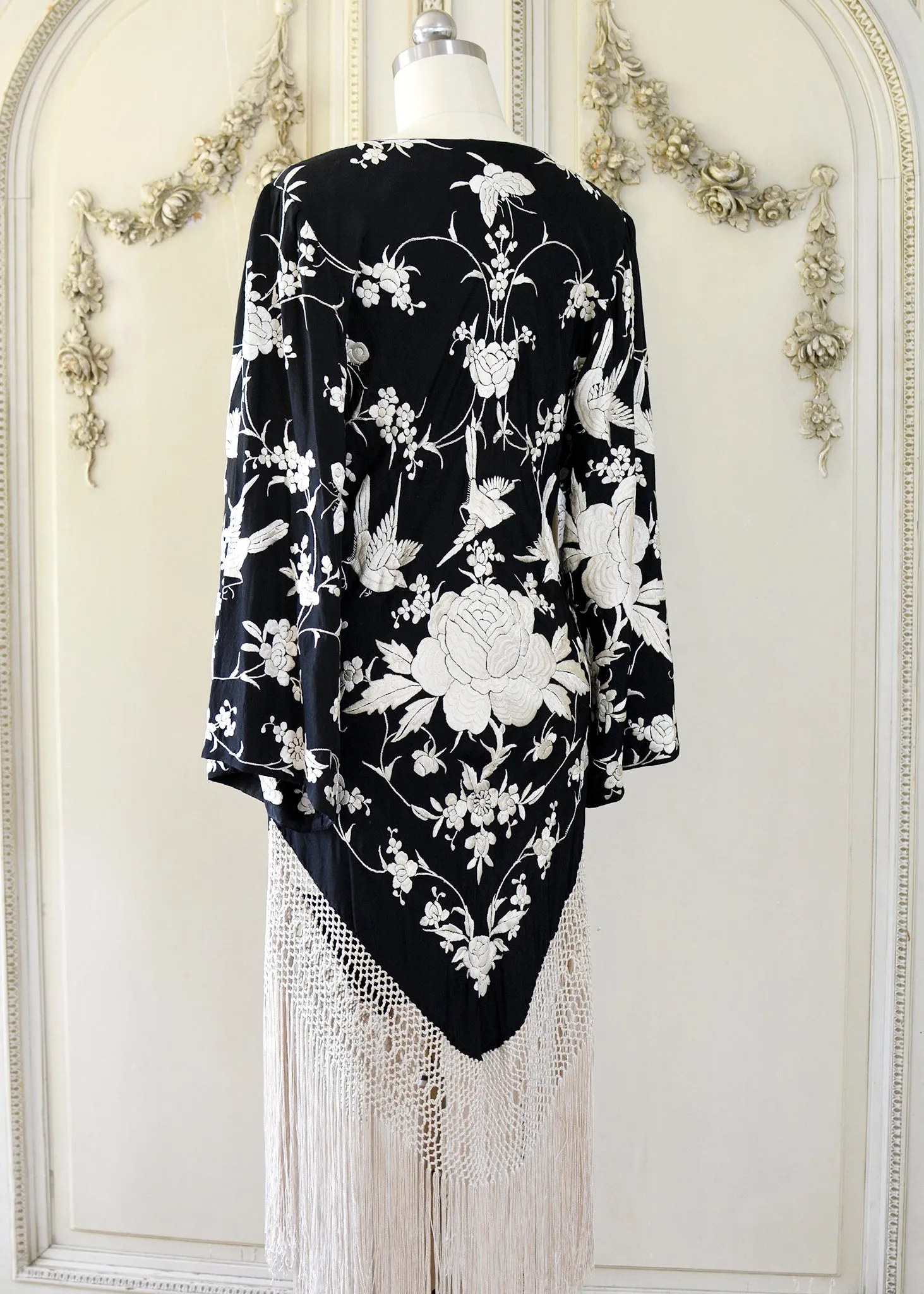 Kara Antique Hand Embroidered Black & Creme Silk Crepe Empire Dress