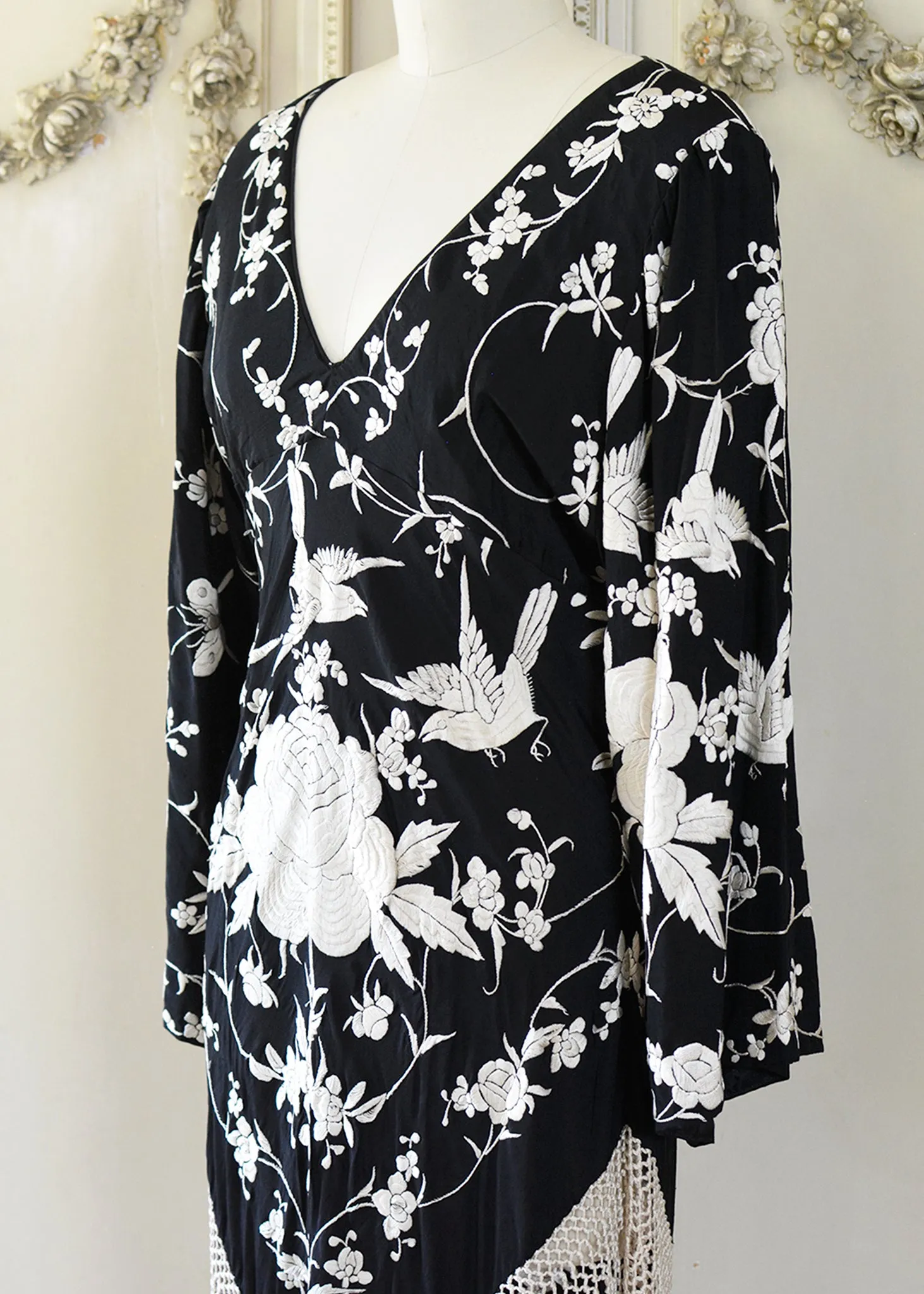 Kara Antique Hand Embroidered Black & Creme Silk Crepe Empire Dress