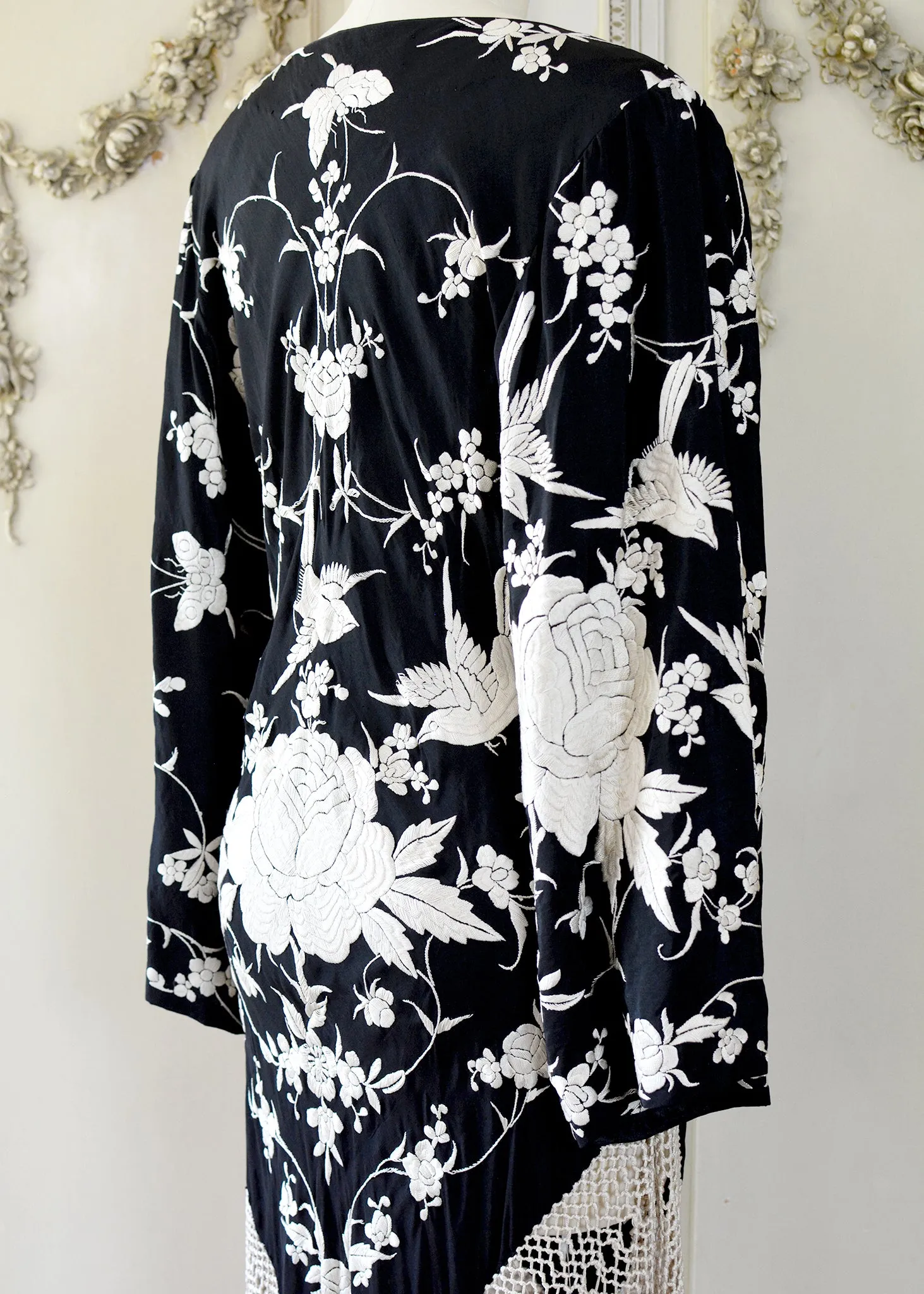 Kara Antique Hand Embroidered Black & Creme Silk Crepe Empire Dress
