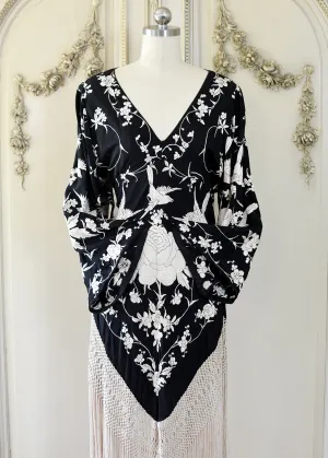 Kara Antique Hand Embroidered Black & Creme Silk Crepe Empire Dress