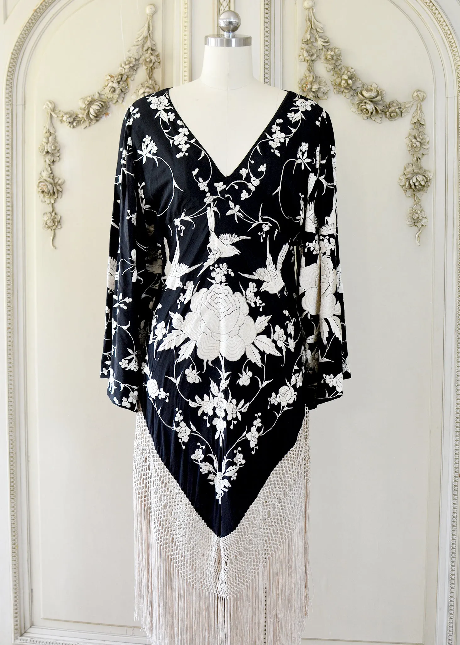 Kara Antique Hand Embroidered Black & Creme Silk Crepe Empire Dress