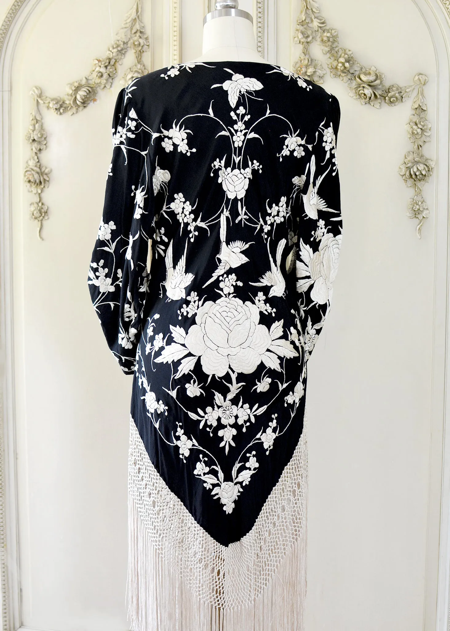 Kara Antique Hand Embroidered Black & Creme Silk Crepe Empire Dress