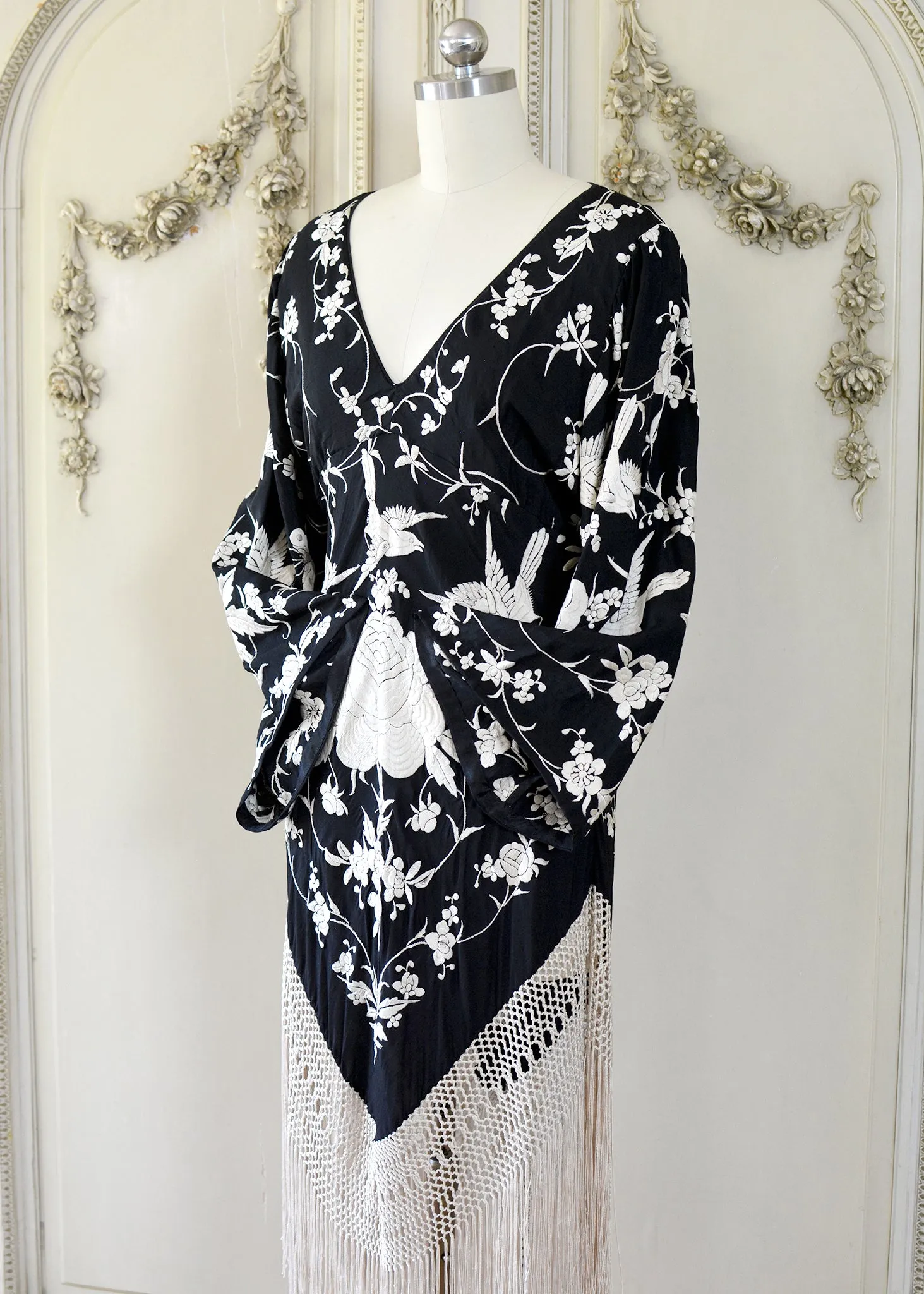 Kara Antique Hand Embroidered Black & Creme Silk Crepe Empire Dress