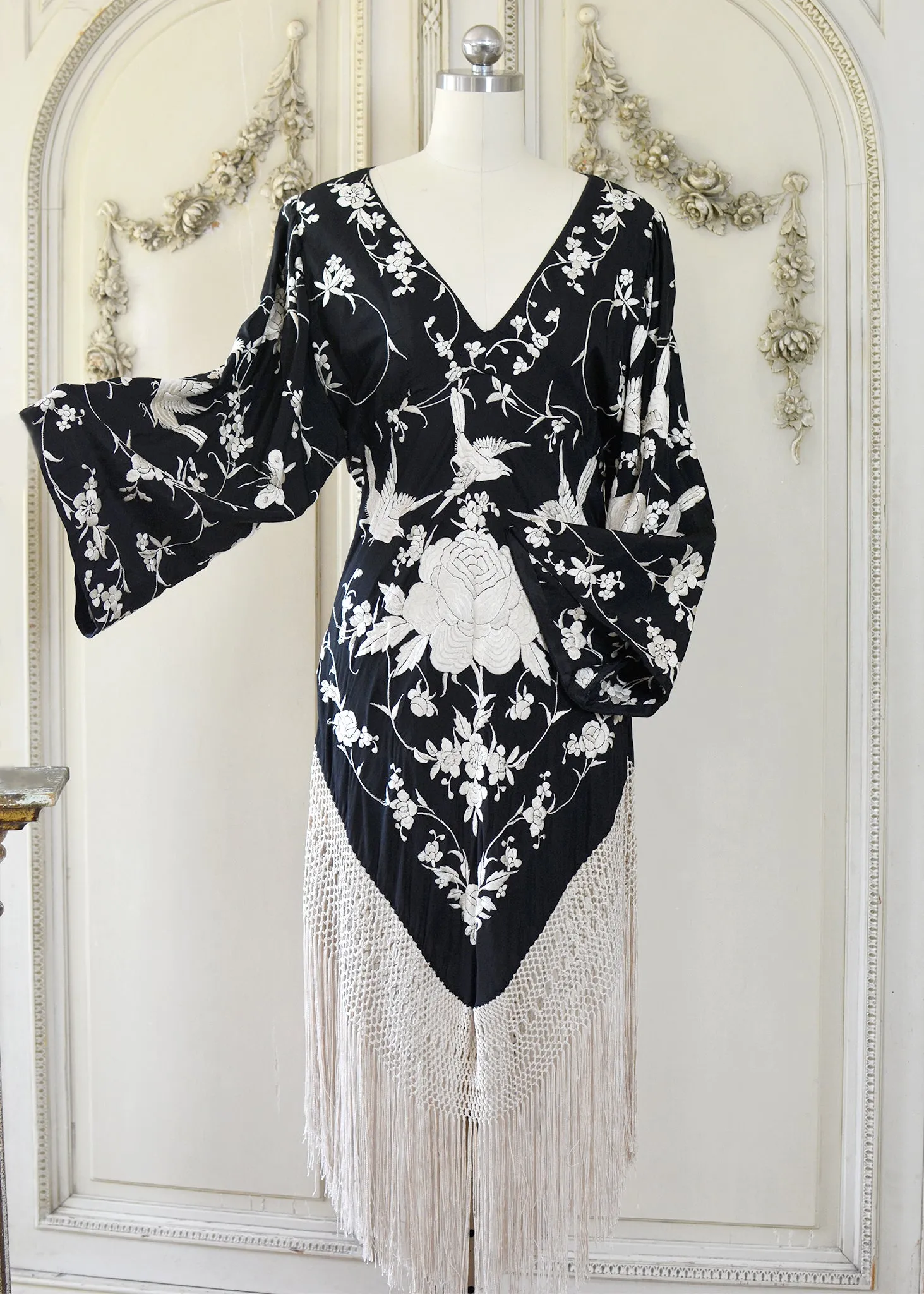 Kara Antique Hand Embroidered Black & Creme Silk Crepe Empire Dress