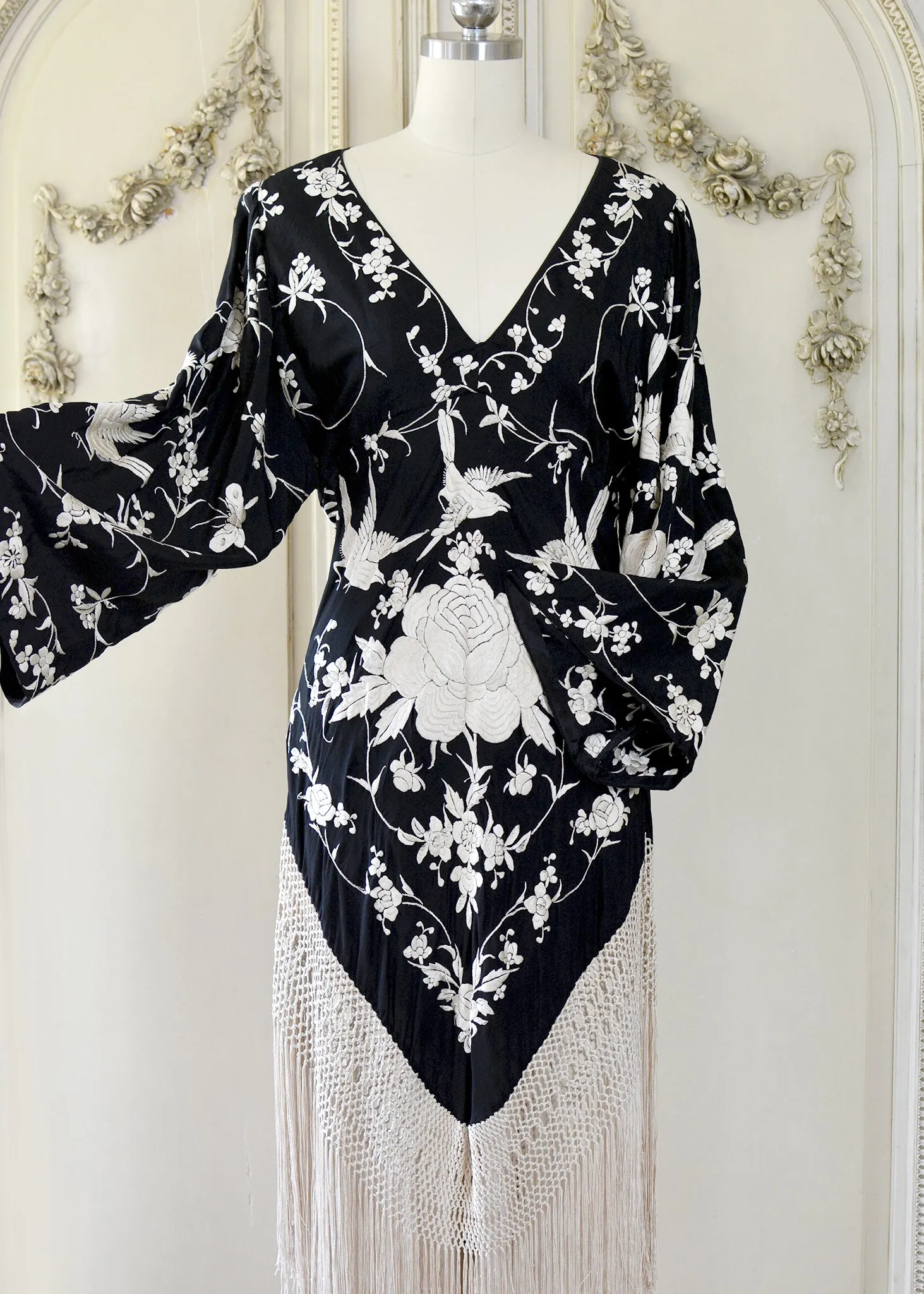 Kara Antique Hand Embroidered Black & Creme Silk Crepe Empire Dress