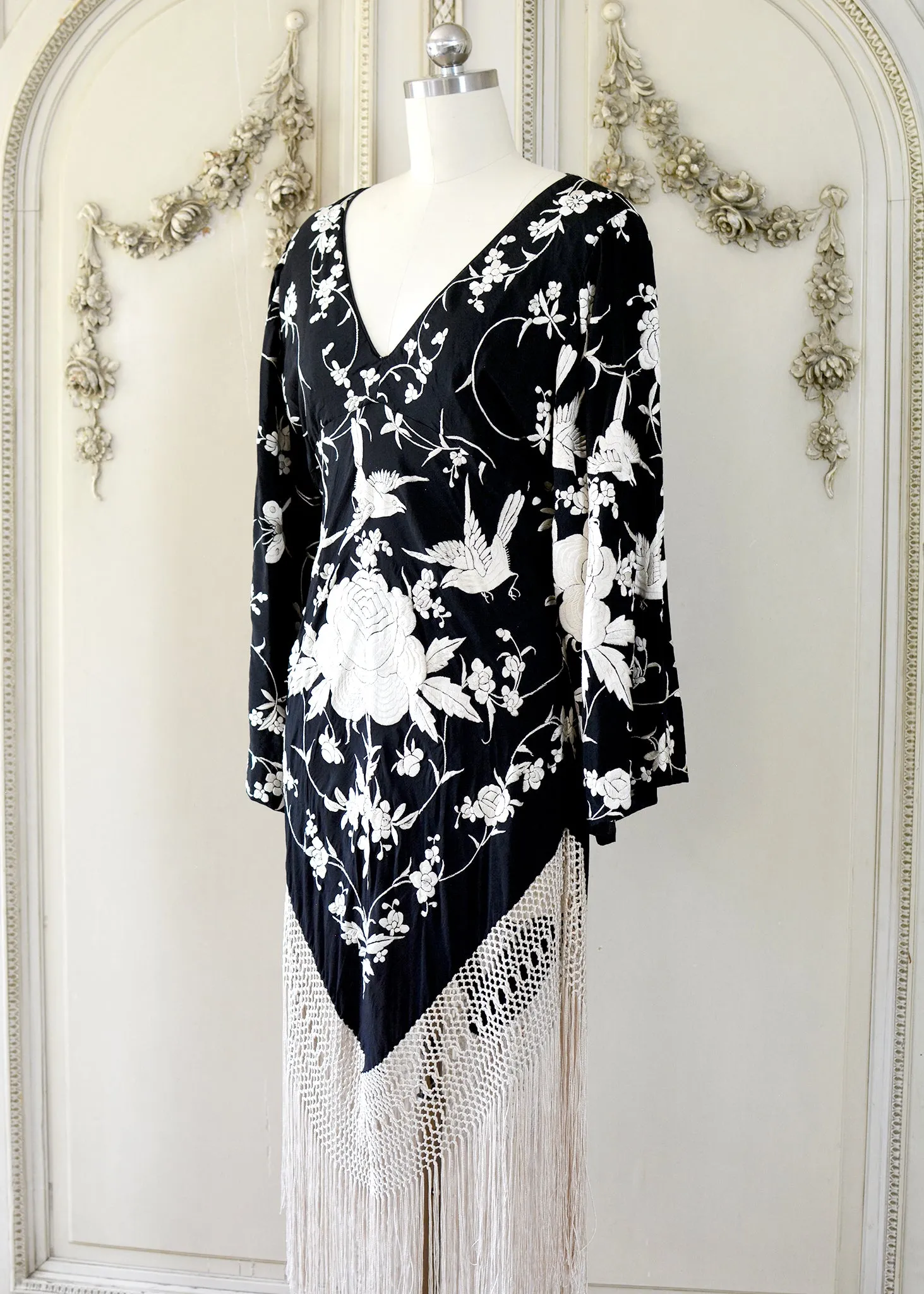 Kara Antique Hand Embroidered Black & Creme Silk Crepe Empire Dress