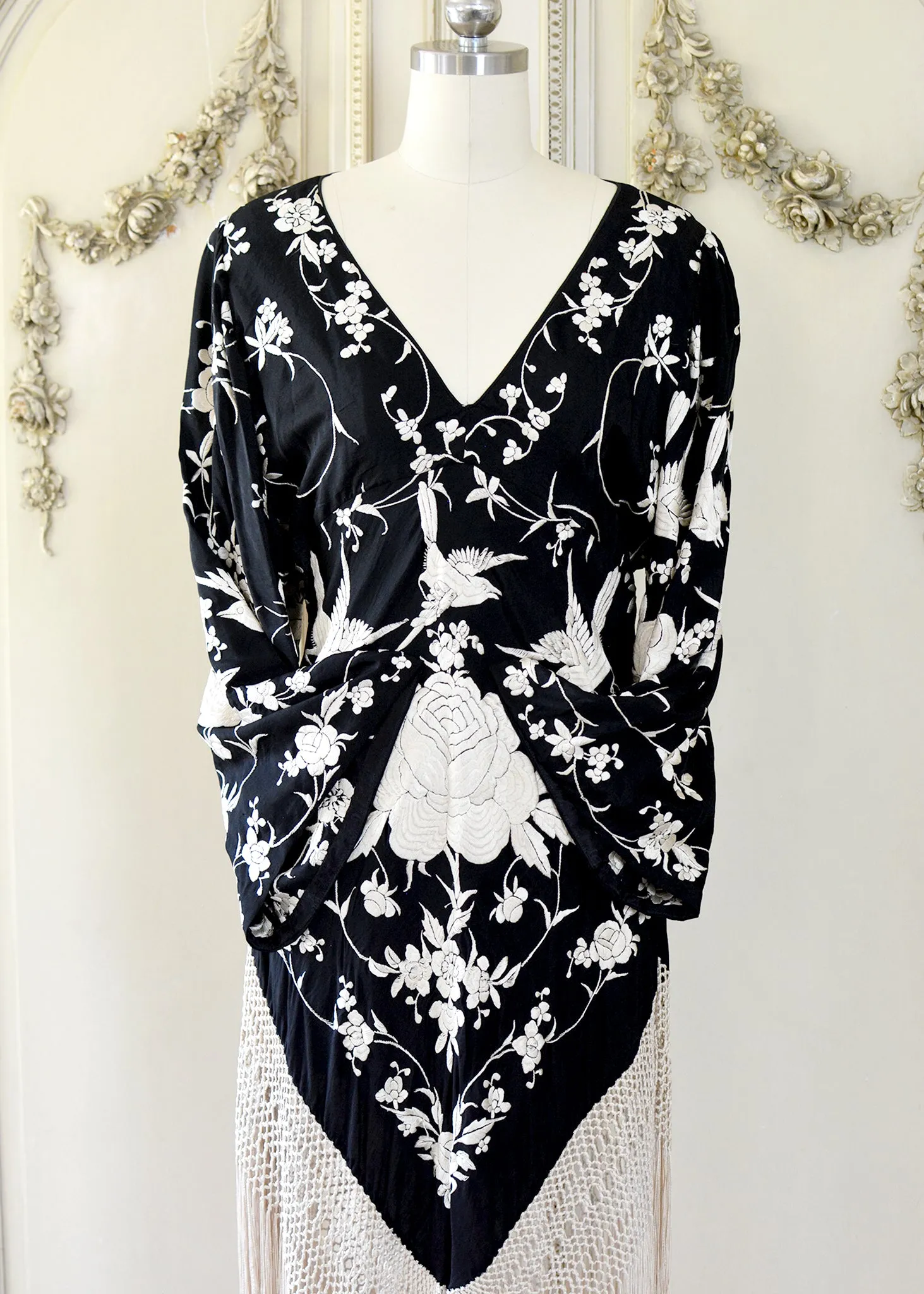 Kara Antique Hand Embroidered Black & Creme Silk Crepe Empire Dress
