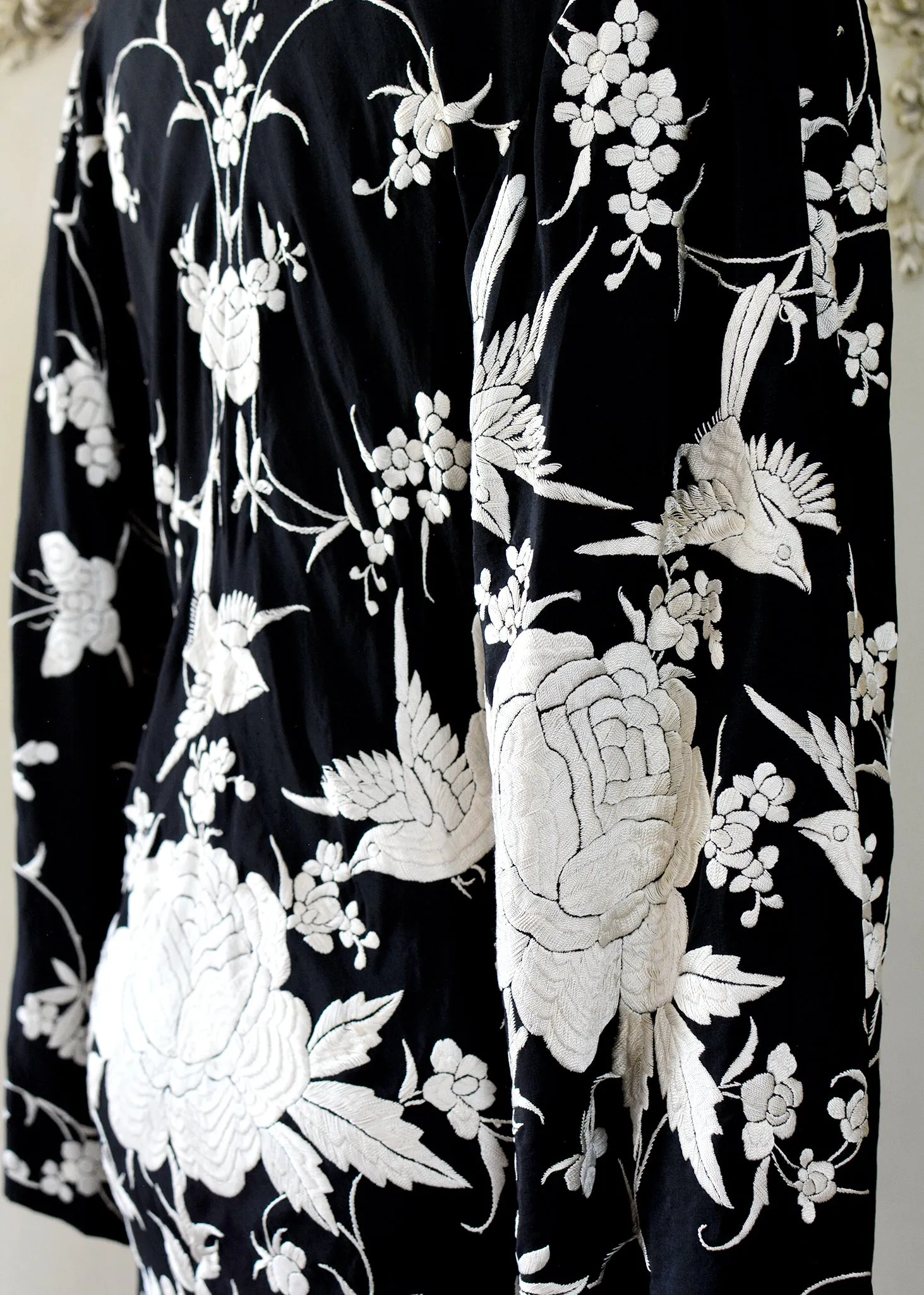 Kara Antique Hand Embroidered Black & Creme Silk Crepe Empire Dress