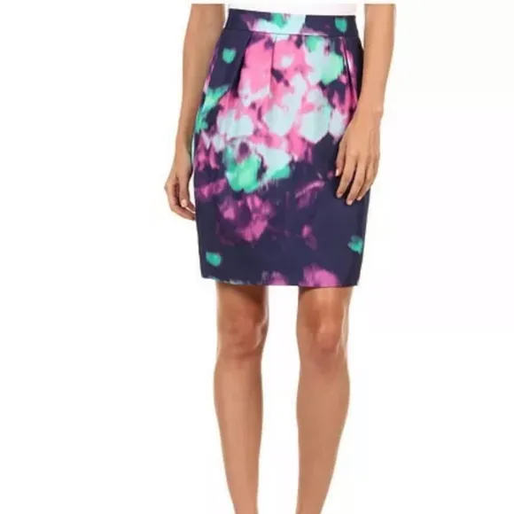 Kate Spade Women's Pink/Blue Abstract Floral Pleated Barry Pencil Skirt sz 6