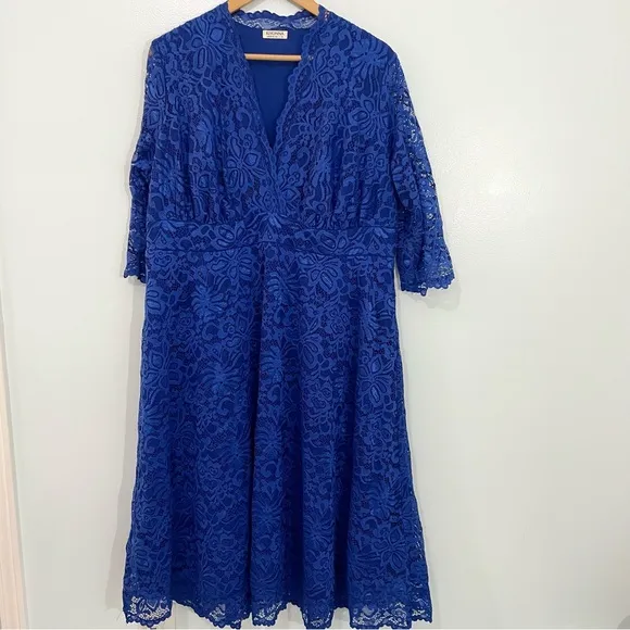 Kiyonna Blue Mademoiselle Lace Plunge Neck A-Line Midi Dress Wedding Plus 2X