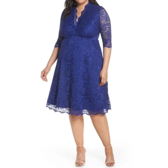 Kiyonna Blue Mademoiselle Lace Plunge Neck A-Line Midi Dress Wedding Plus 2X