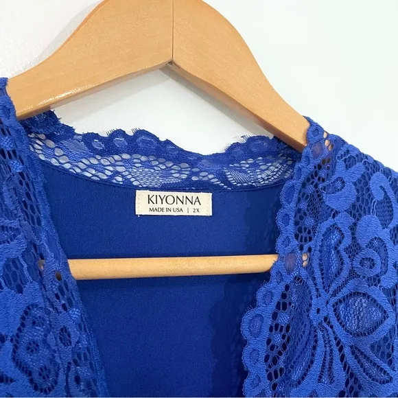 Kiyonna Blue Mademoiselle Lace Plunge Neck A-Line Midi Dress Wedding Plus 2X