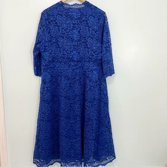 Kiyonna Blue Mademoiselle Lace Plunge Neck A-Line Midi Dress Wedding Plus 2X