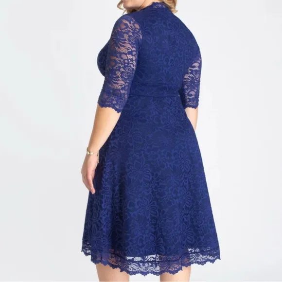 Kiyonna Blue Mademoiselle Lace Plunge Neck A-Line Midi Dress Wedding Plus 2X