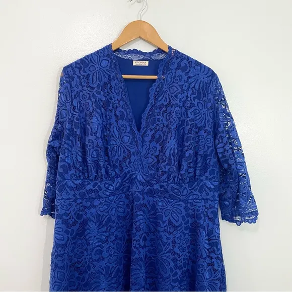 Kiyonna Blue Mademoiselle Lace Plunge Neck A-Line Midi Dress Wedding Plus 2X