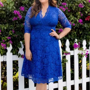 Kiyonna Blue Mademoiselle Lace Plunge Neck A-Line Midi Dress Wedding Plus 2X