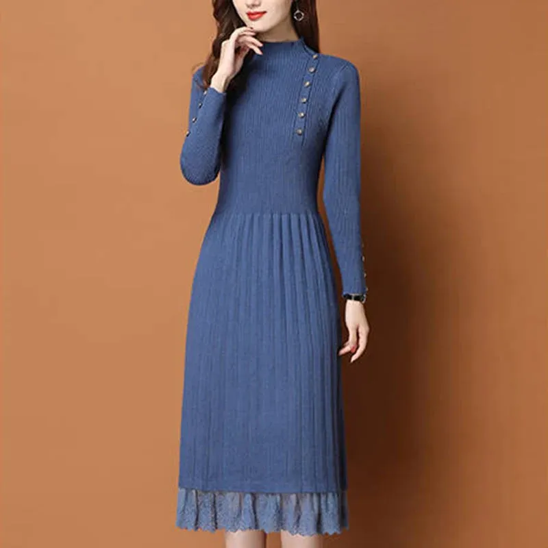 Lace Hem Buttoned Women's Autumn Winter Sweater Knitted A-line Dress