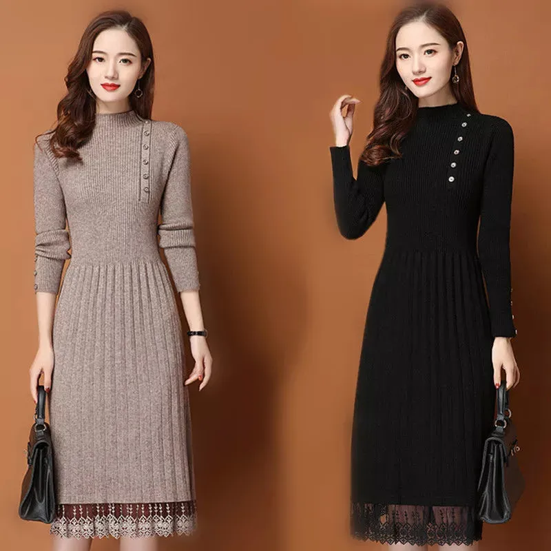 Lace Hem Buttoned Women's Autumn Winter Sweater Knitted A-line Dress