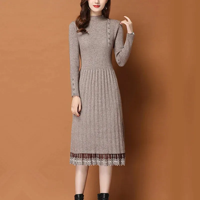 Lace Hem Buttoned Women's Autumn Winter Sweater Knitted A-line Dress