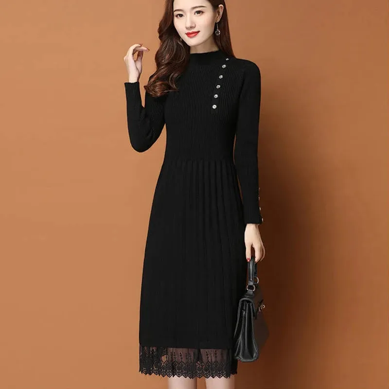 Lace Hem Buttoned Women's Autumn Winter Sweater Knitted A-line Dress
