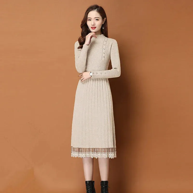 Lace Hem Buttoned Women's Autumn Winter Sweater Knitted A-line Dress