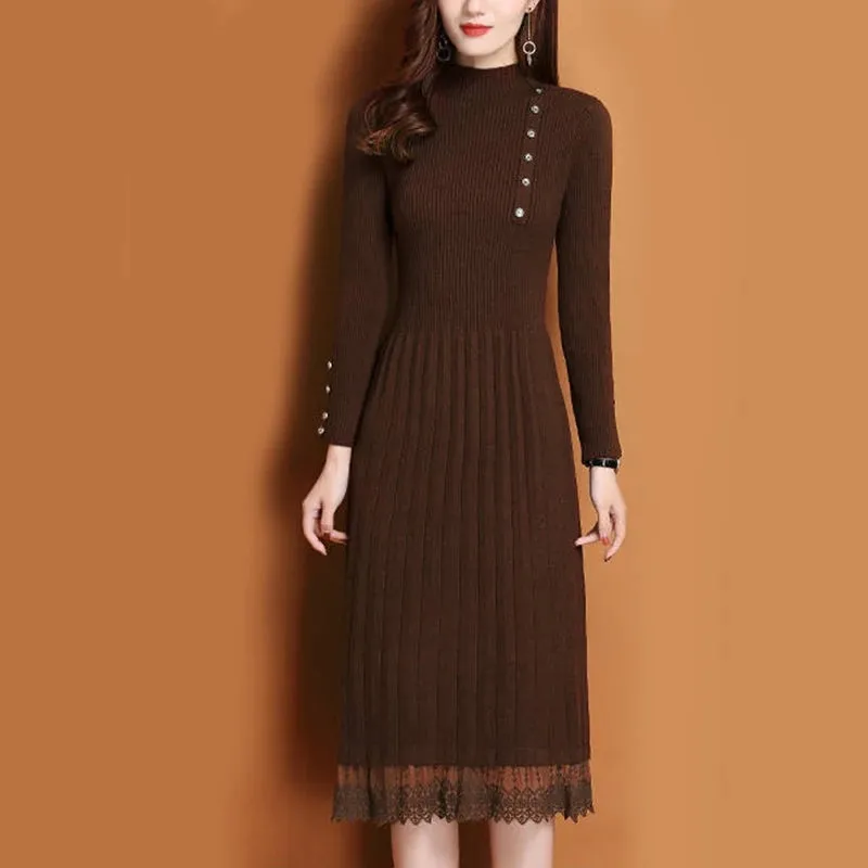 Lace Hem Buttoned Women's Autumn Winter Sweater Knitted A-line Dress