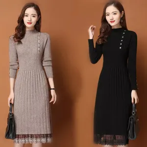 Lace Hem Buttoned Women's Autumn Winter Sweater Knitted A-line Dress