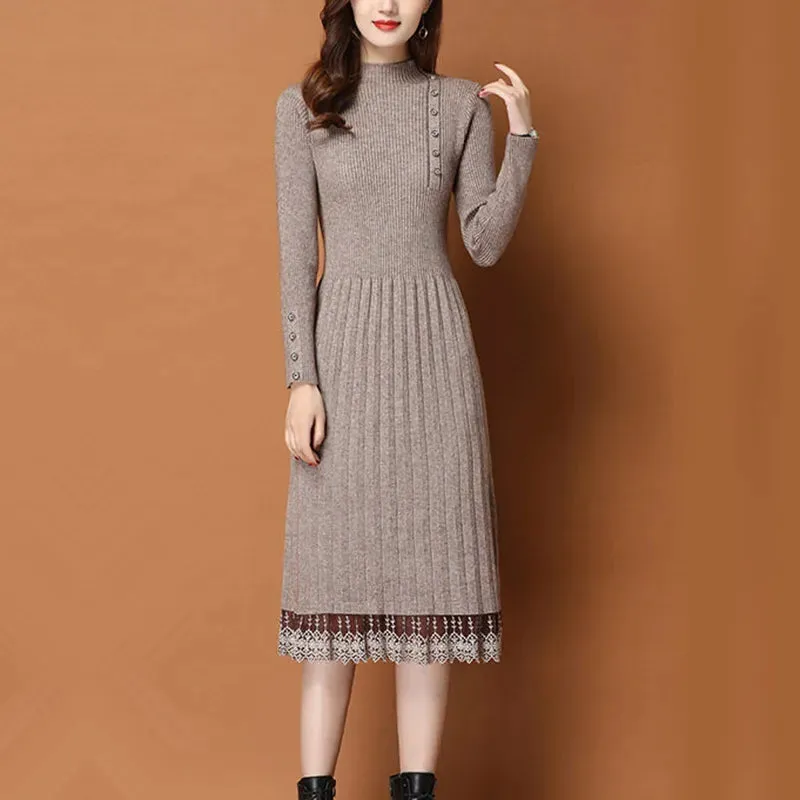 Lace Hem Buttoned Women's Autumn Winter Sweater Knitted A-line Dress