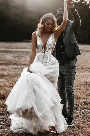 Lace Tulle Wedding Dress with Plunging V-neck
