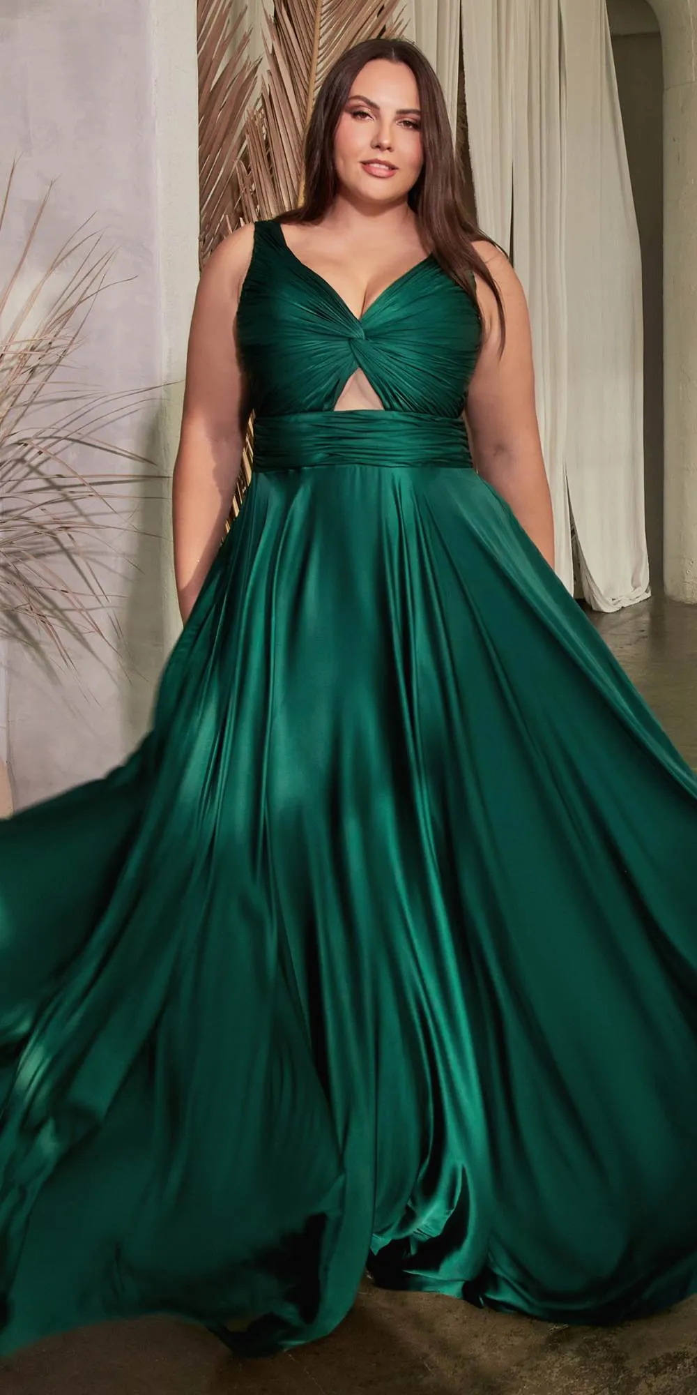 Ladivine 7497 Long A-Line Satin Keyhole Twisted Bodice Formal Gown