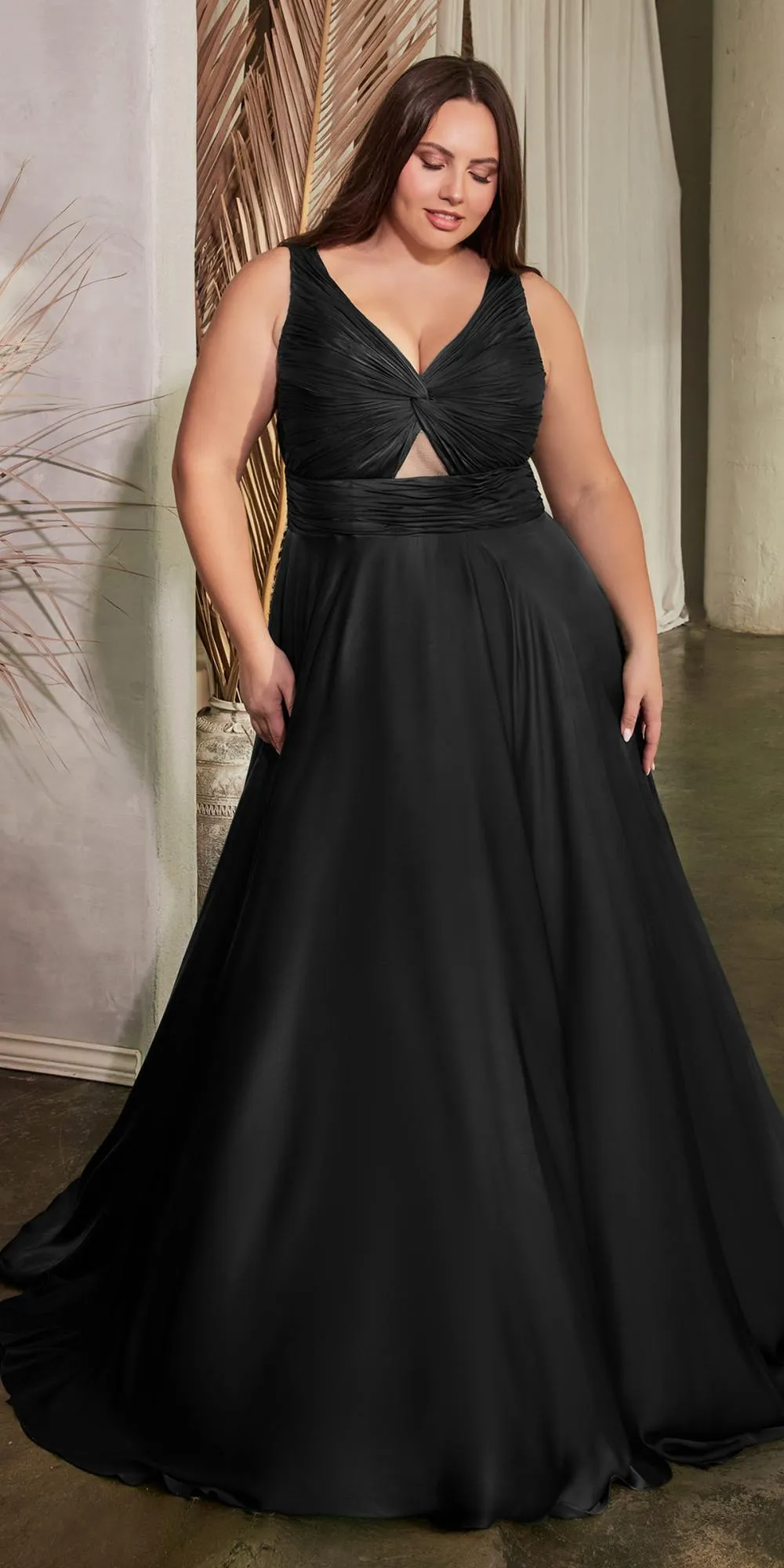 Ladivine 7497 Long A-Line Satin Keyhole Twisted Bodice Formal Gown