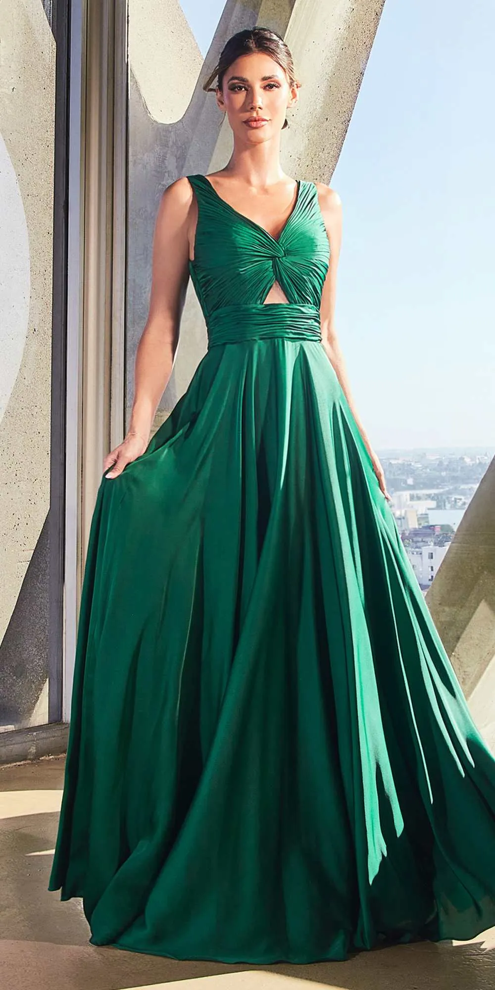 Ladivine 7497 Long A-Line Satin Keyhole Twisted Bodice Formal Gown