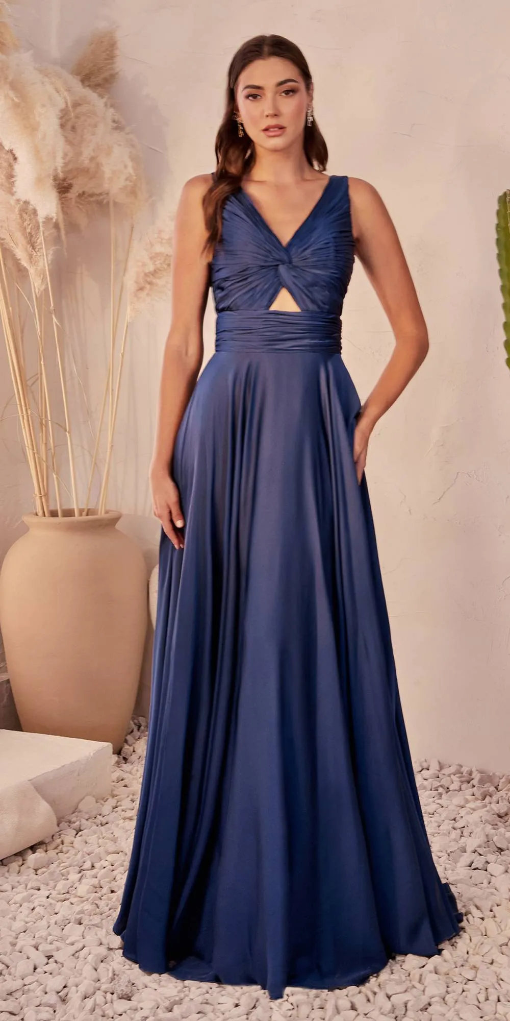 Ladivine 7497 Long A-Line Satin Keyhole Twisted Bodice Formal Gown