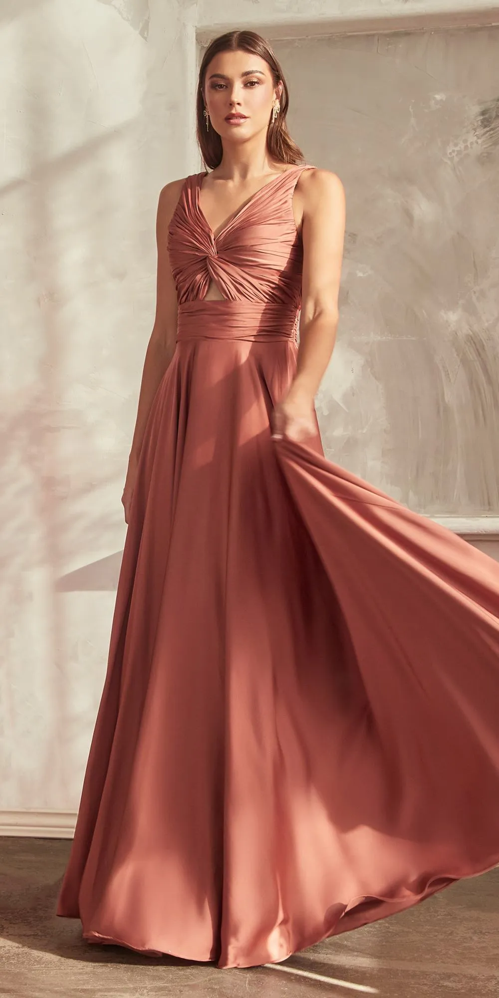 Ladivine 7497 Long A-Line Satin Keyhole Twisted Bodice Formal Gown