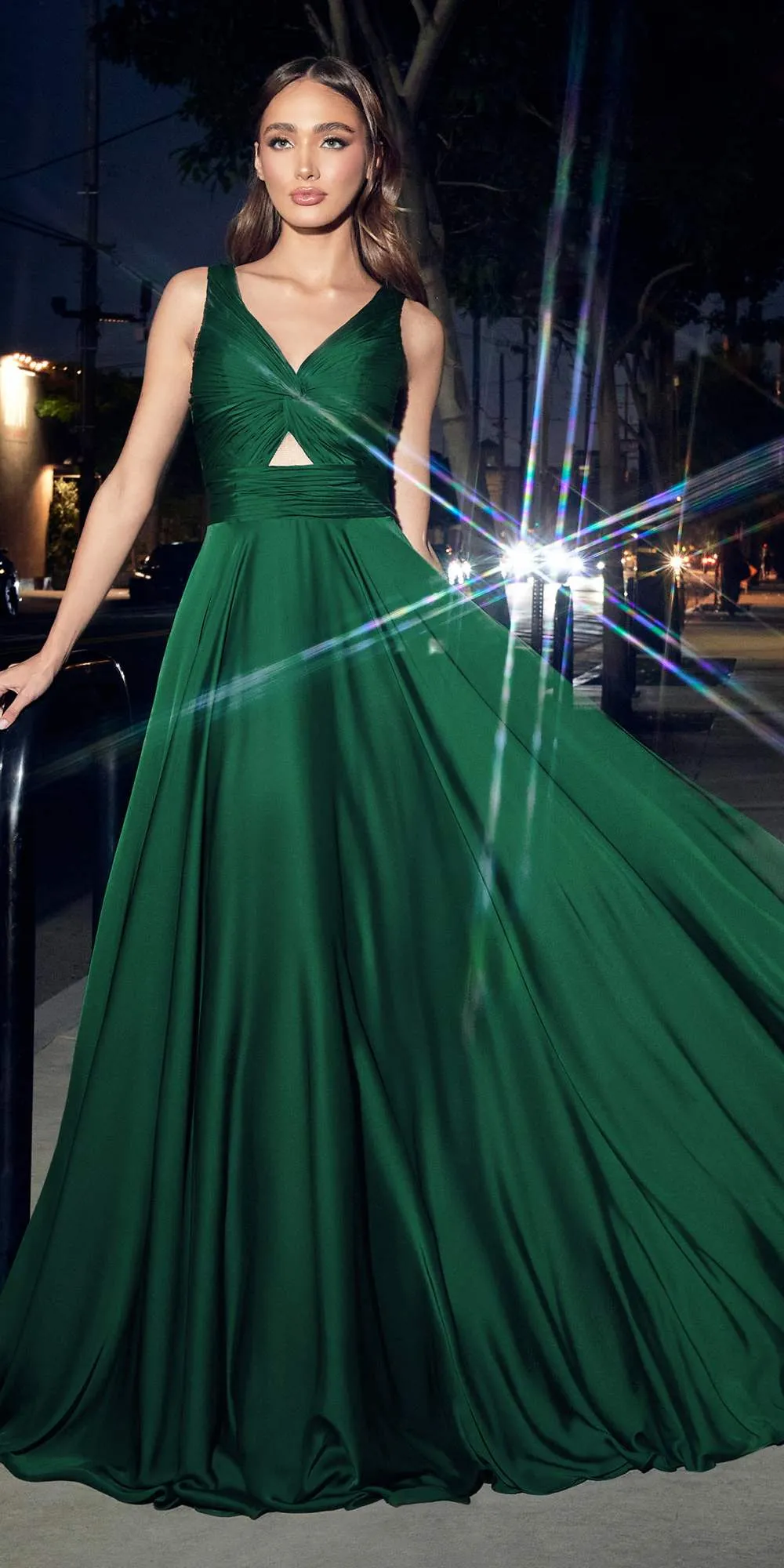 Ladivine 7497 Long A-Line Satin Keyhole Twisted Bodice Formal Gown