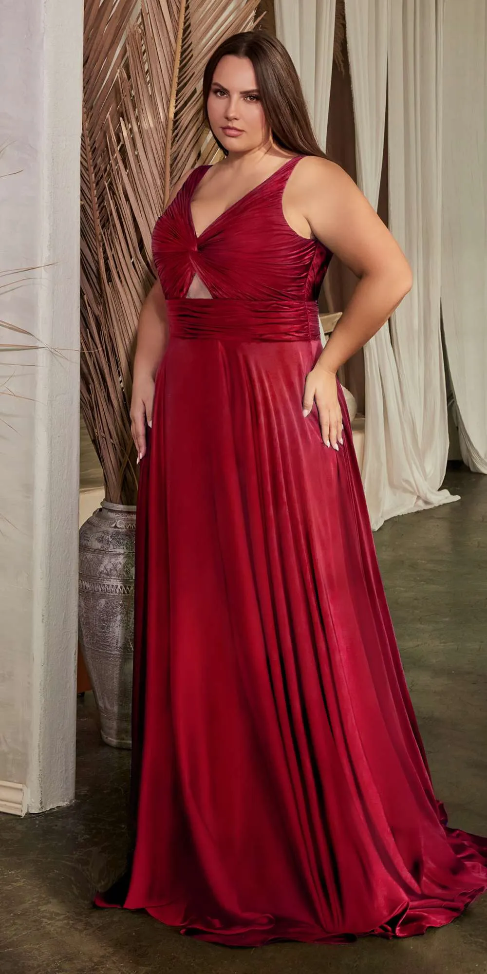 Ladivine 7497 Long A-Line Satin Keyhole Twisted Bodice Formal Gown